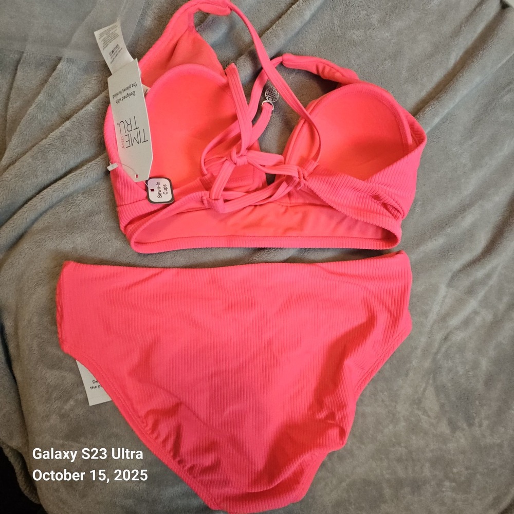 NWT Time And Tru Women's Bikini Set Coral Ribbed Large Mid Rise - Picture 4 of 9